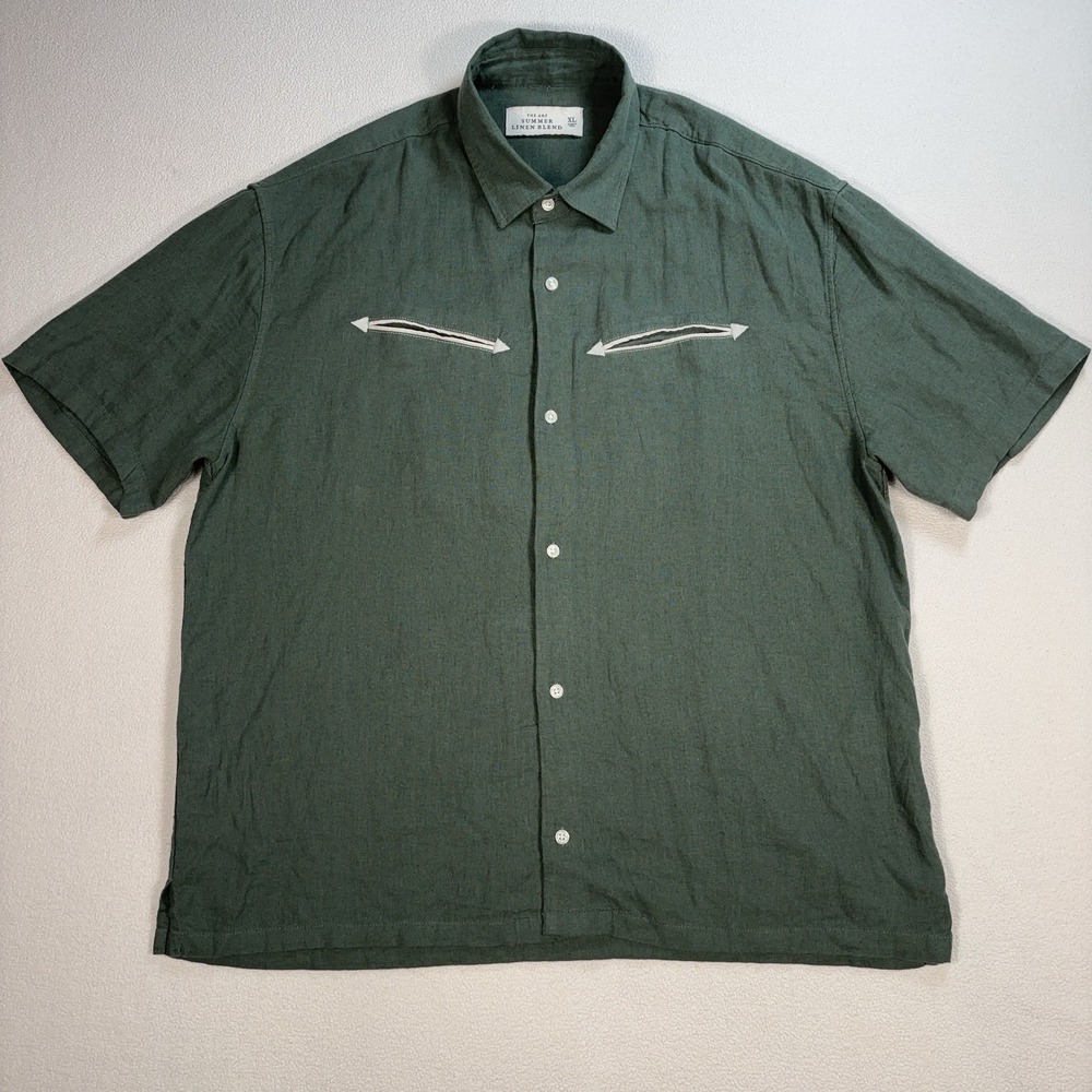 Abercrombie &‎ Fitch Summer Linen Blend Shirt Men's XL Green Pockets Embroidery